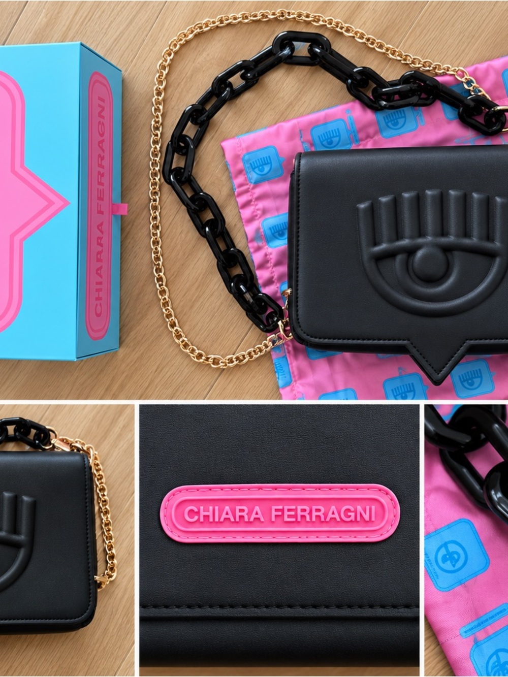 Chiara Ferragni Black Crossbody with Gold Chain & Pink Logo